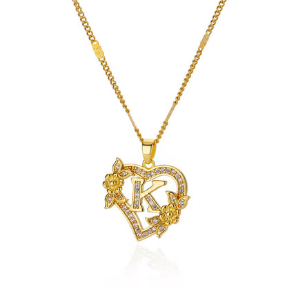 Simple Fashion Hollowed-out Love Heart Flowers 26 English Letters Diamond Pendant Necklace